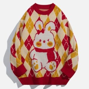 Cute Rabbit Rhombus Patchwork Design Sweater